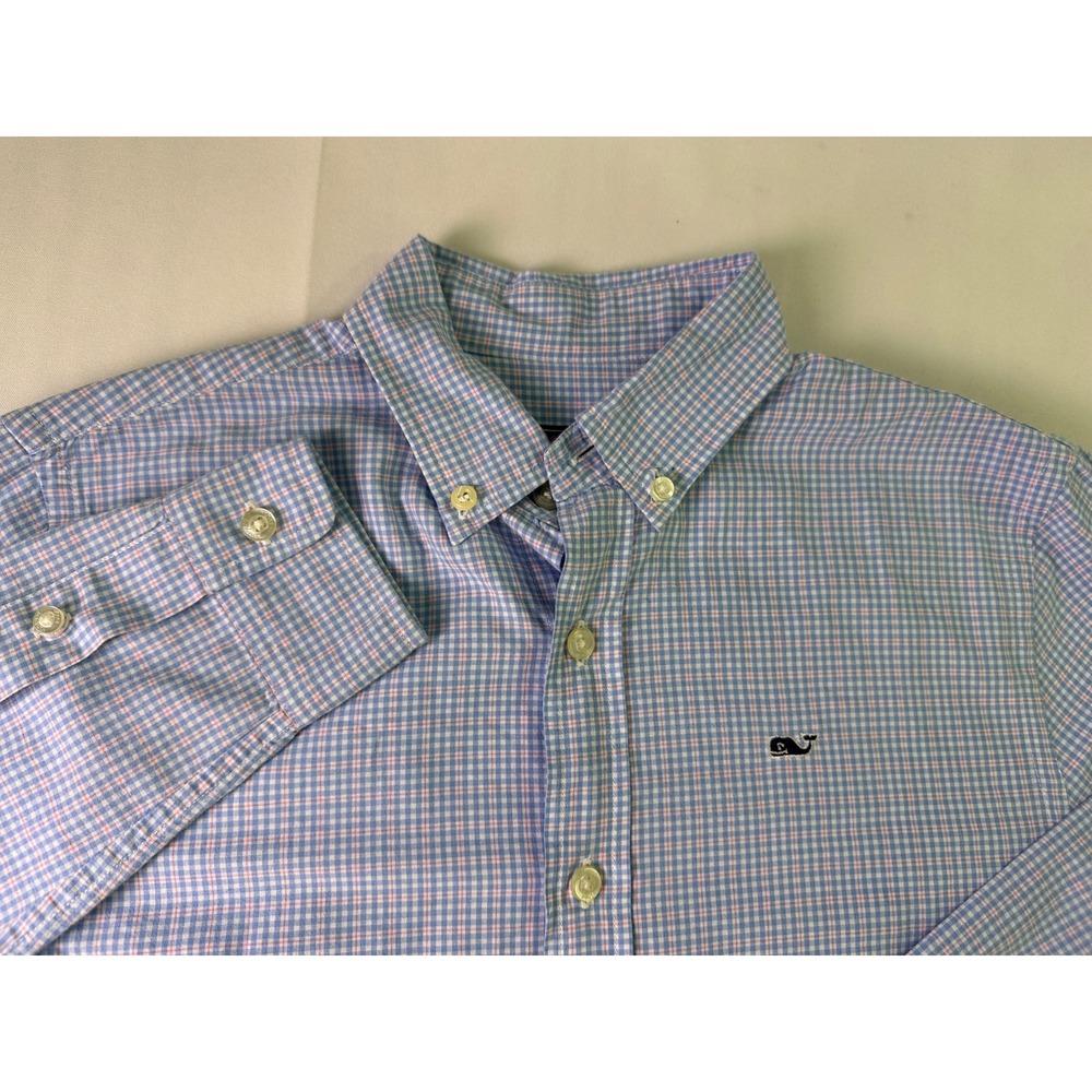 Vineyard Vines Whale Shirt Boys Size Medium M Blue Plaid Button Down Long Sleeve